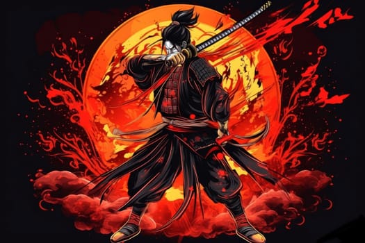 Samurai warrior with katana. Sun fire background. Generate Ai