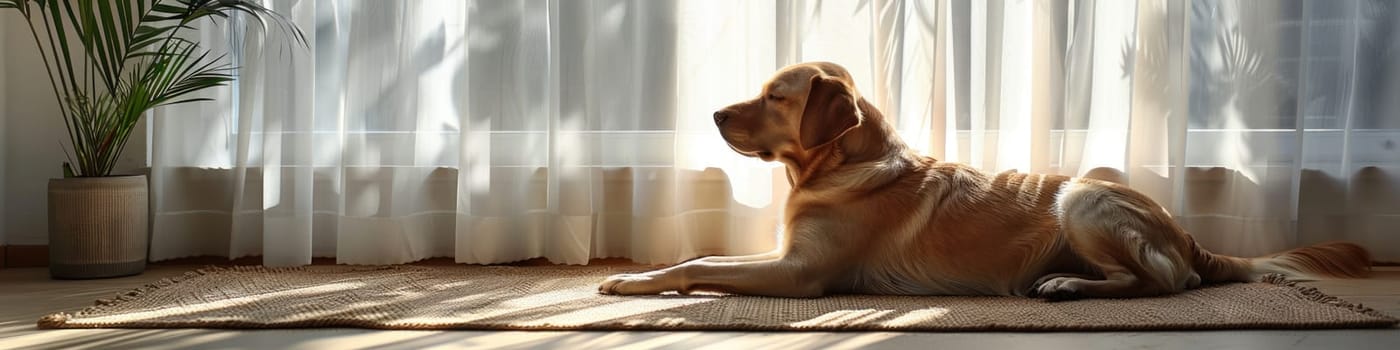 Pet care. Cute relaxed dog lying on cool mat in hot day , white wall background, summer heat. ai generated