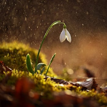 Spring colorful background with flower - plant. Beautiful nature in spring time. Snowdrop (Galanthus nivalis). Rain at sunset in the forest.