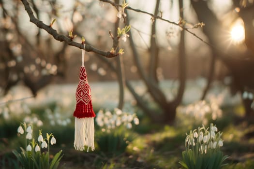 One knitted red-white martisor thread hangs on a tree branch on the left in a garden with snowdrops in the early morning and copy space on the right, side view close-up with depth of field.