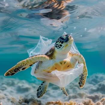 One beautiful yellow turtle with a plastic bag tangled on its shell swims in the ocean, close-up side view.