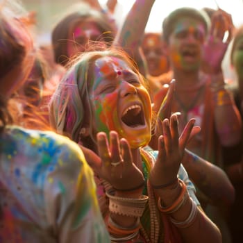 Portrait of one Indian young brunette girl with bright colors on her face with closed eyes, raised hands and happy emotions standing in a crowd of people celebrating Holi, close-up side view.