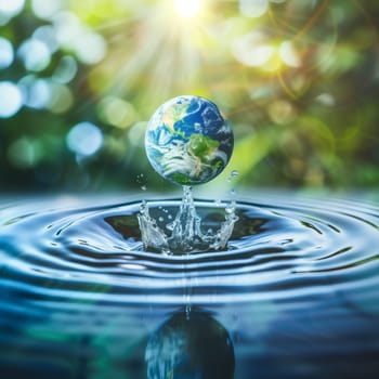 One glass ball of planta earth with splashes on the surface of water in the ocean in the forest early in the morning, close-up side view.