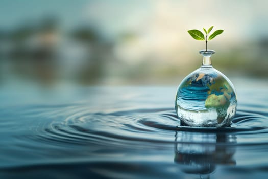 One glass flask of planta earth with a green sprout on the right on the surface of the water in the ocean in the forest early in the morning with copy space on the left, close-up side view.