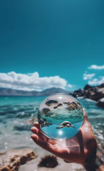 One hand of a Caucasian unrecognizable man holds a glass ball with a turtle swimming in it against the backdrop of a beach with rocks on a summer day with copy space from above, close-up side view.