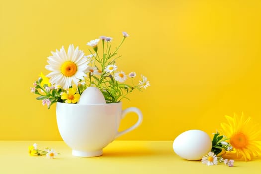 One white mug with daisy flowers and Easter eggs stand on a yellow background with small copy space, side view close-up.