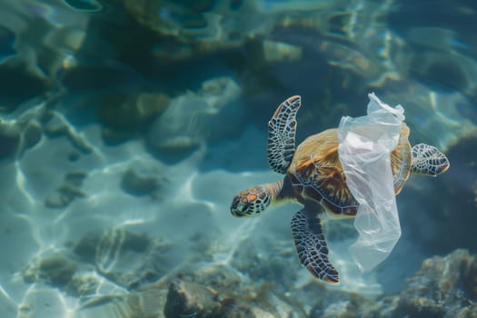 One turtle with a plastic bag on its shell swims on the right in the ocean with a copy of the space on the left, a flat lay close-up.