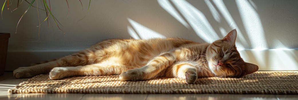 Pet care. Cute relaxed cat lying on cool mat in hot day , white wall background, summer heat. ai generated