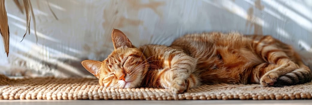 Pet care. Cute relaxed cat lying on cool mat in hot day , white wall background, summer heat. ai generated