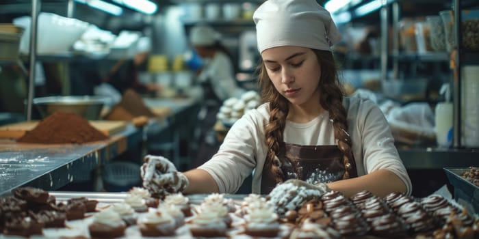 Female baker working in supermarket bakery. ai generated