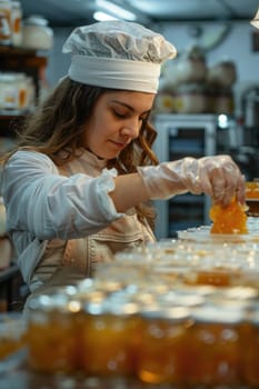 Female confectioner working in the kitchen, making marmalade. ai generated