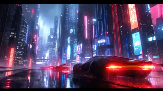 Futuristic city glows with soft hues, complemented by the sleek design of hovering vehicles above the vibrant skyline. Resplendent.