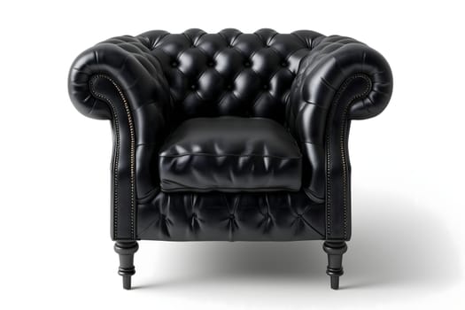 Black leather retro Victorian style armchair on white background. Digitally generated image. Not based on any actual person, scene or pattern.