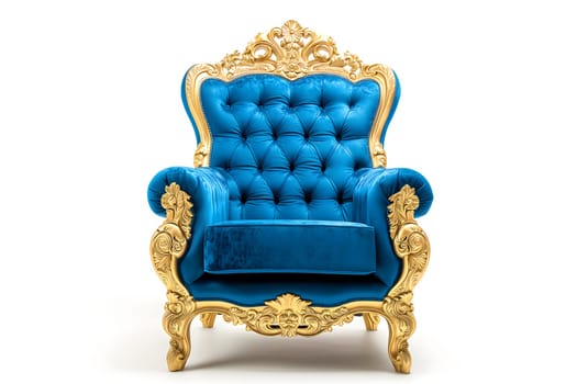 Blue velvet capitonner technique armchair on white background. Digitally generated image. Not based on any actual person, scene or pattern.