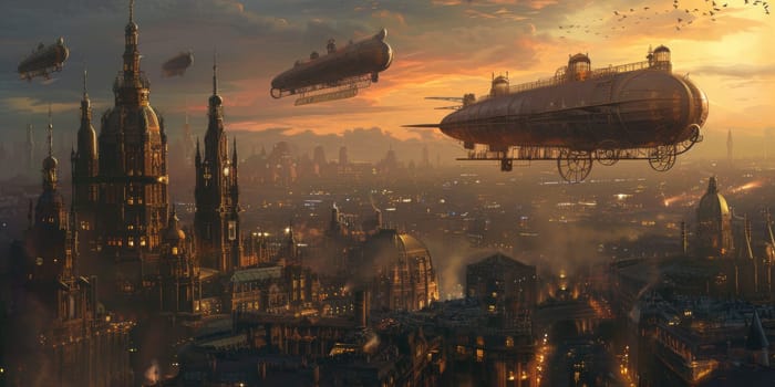 Fantasy steampunk airships float amongst clouds against a dramatic sunset backdrop, evoking adventure and exploration. Resplendent.