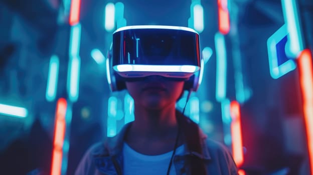 A woman dons a VR headset in a dimly lit room, immersing herself in a virtual reality experience for entertainment. AIG41