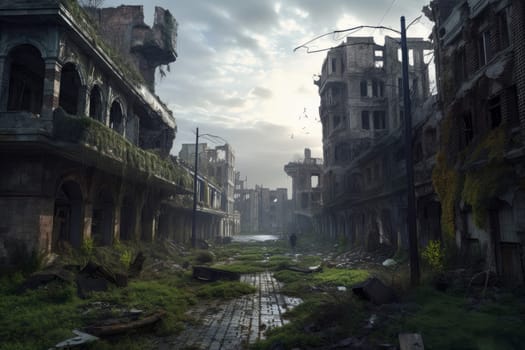 Abandoned ruined city. Old disaster road. Generate Ai