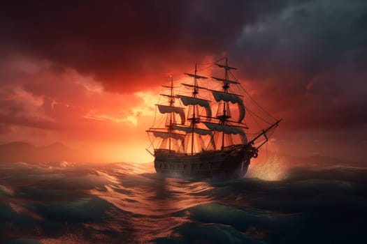 Ship in storm sea. Ocean boat at sunset. Generate Ai