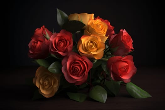 Bouquet of colorful roses. Black floral background. Generate Ai