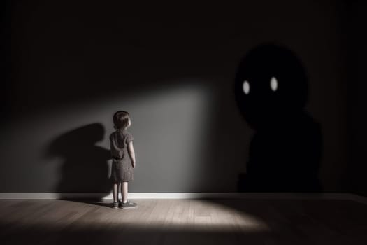 Child shadow monster. Fantasy night room. Generate Ai