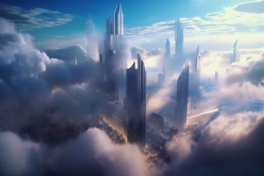 Clouds hireses big future. City skyscraper fog. Generate Ai