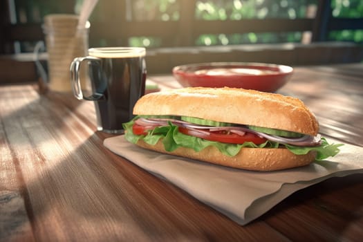 Hot coffee mug with sandwich. Fast food. Generate Ai