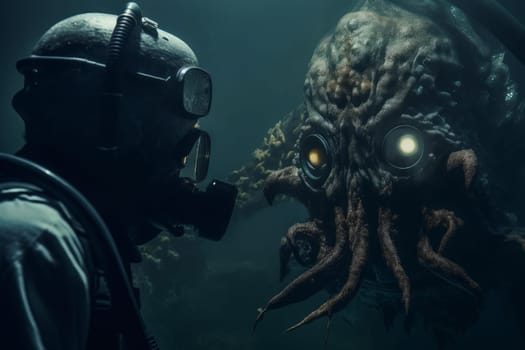Deep sea monster. Diver face to face animal. Generate Ai
