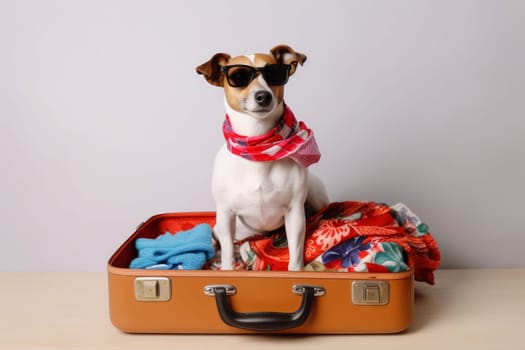Dog sit at open suitcase. Vacation travel. Generate Ai