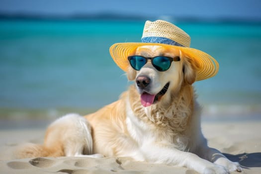 Dog on vacation. Summer sea beach. Generate Ai