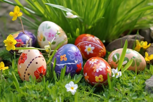 Easter eggs on grass. Spring holiday. Generate Ai
