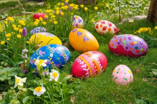 Easter eggs in forest. Nature holiday decoration. Generate Ai