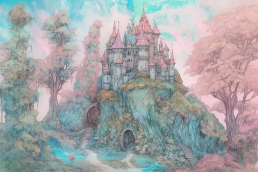Fairy castle pastel. Pink magic building. Generate Ai