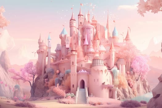 Fairy pink castle. Fantasy dream. Generate Ai