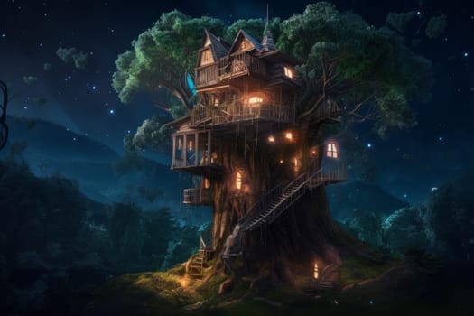 Fairy tree house. Magic wood nature. Generate Ai