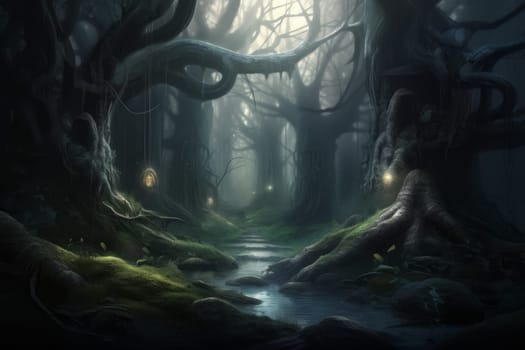 Dark magic forest. Evil nature tree. Generate Ai