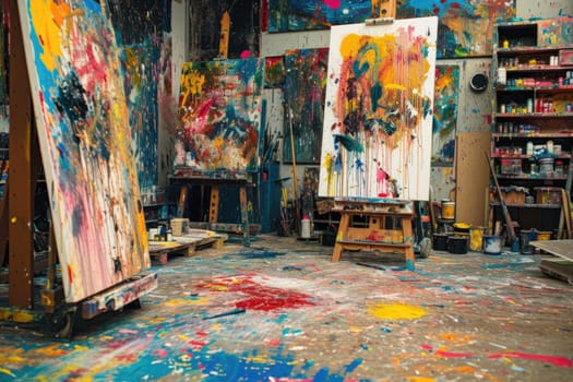 An artist's studio in full creative chaos, paint splattered everywhere, canvases in various stages of completion, vibrant colors clashing and blending. Resplendent.