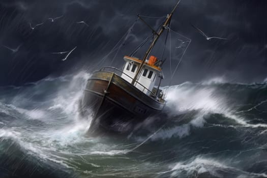 Sea storm on fishing boat. Marine storm wave. Generate Ai