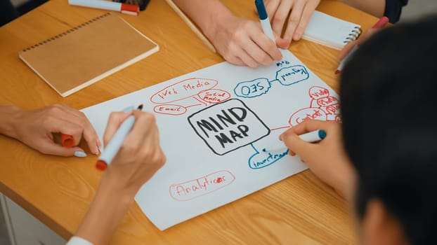 Close up of skilled business people hand brainstorming, working together, discussing about marketing idea by using mind map and colorful marker at meeting table. Focus on hand. Immaculate.