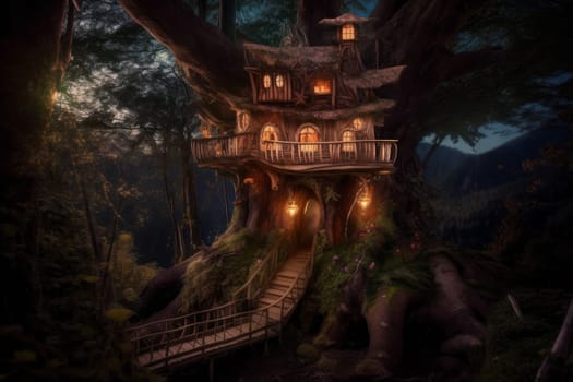 Forest tree house. Magic light in windows. Generate Ai