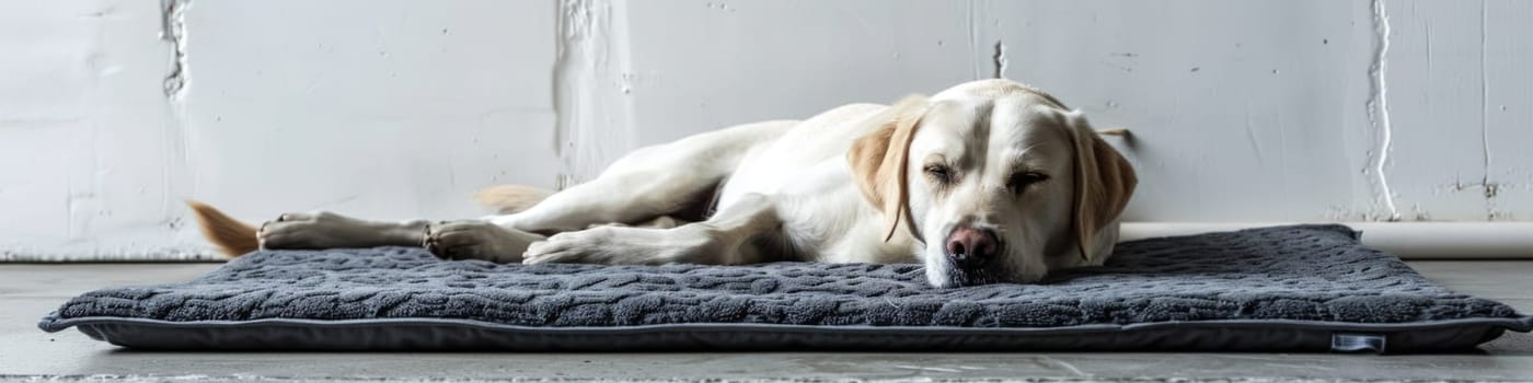 Pet care. Cute relaxed dog lying on cool mat in hot day , white wall background, summer heat. ai generated