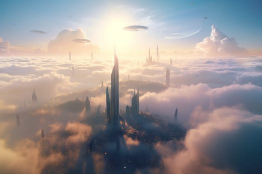 Future city clouds. Fog sky tower. Generate Ai
