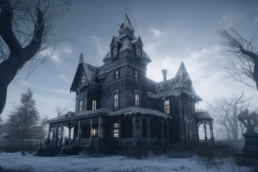 Gothic vintage house. Winter old night. Generate Ai