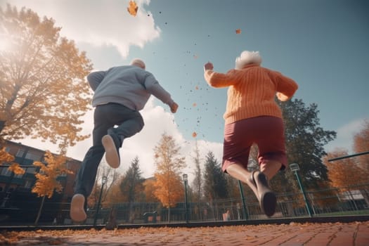 Grandparents jumping in park. Old couple family. Generate Ai