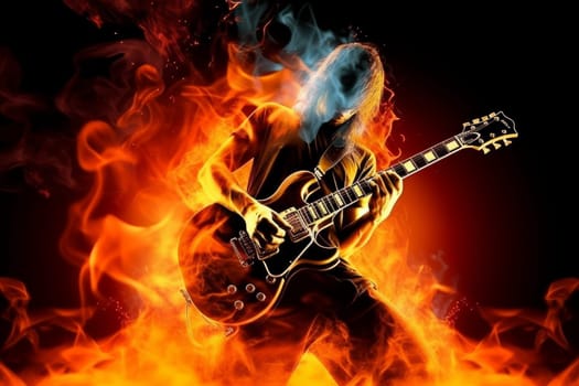 Guitarist take on fire. Rock stage music. Generate Ai