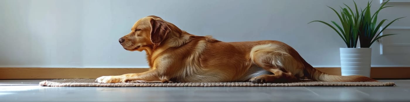 Pet care. Cute relaxed dog lying on cool mat in hot day , white wall background, summer heat. ai generated