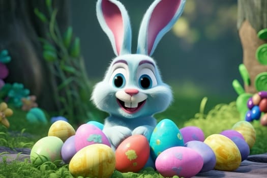 Happy easter bunny. Colorful eggs around him. Generate Ai