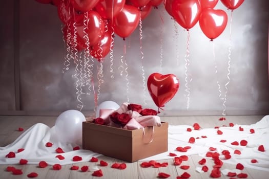 Hearts balloons box. Valentine romantic gift. Generate Ai
