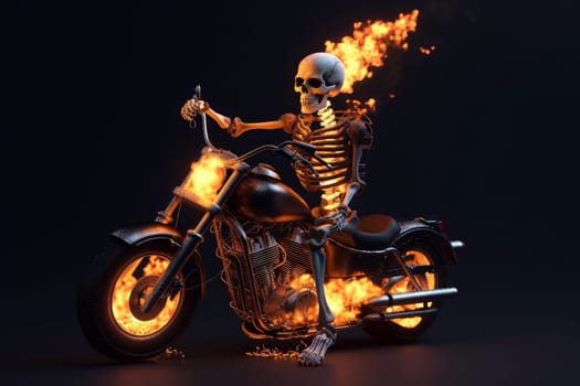 Human skeleton riding on fire motorbike. Speed race. Generate Ai