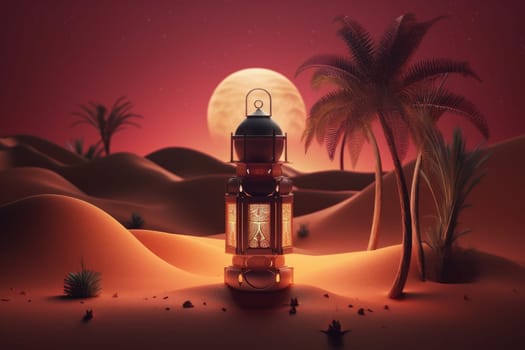 Ramadan lantern in desert. Islamic crescent star. Generate Ai
