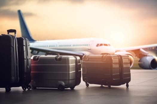 Luggage at the airport with planes. Holiday transport. Generate Ai